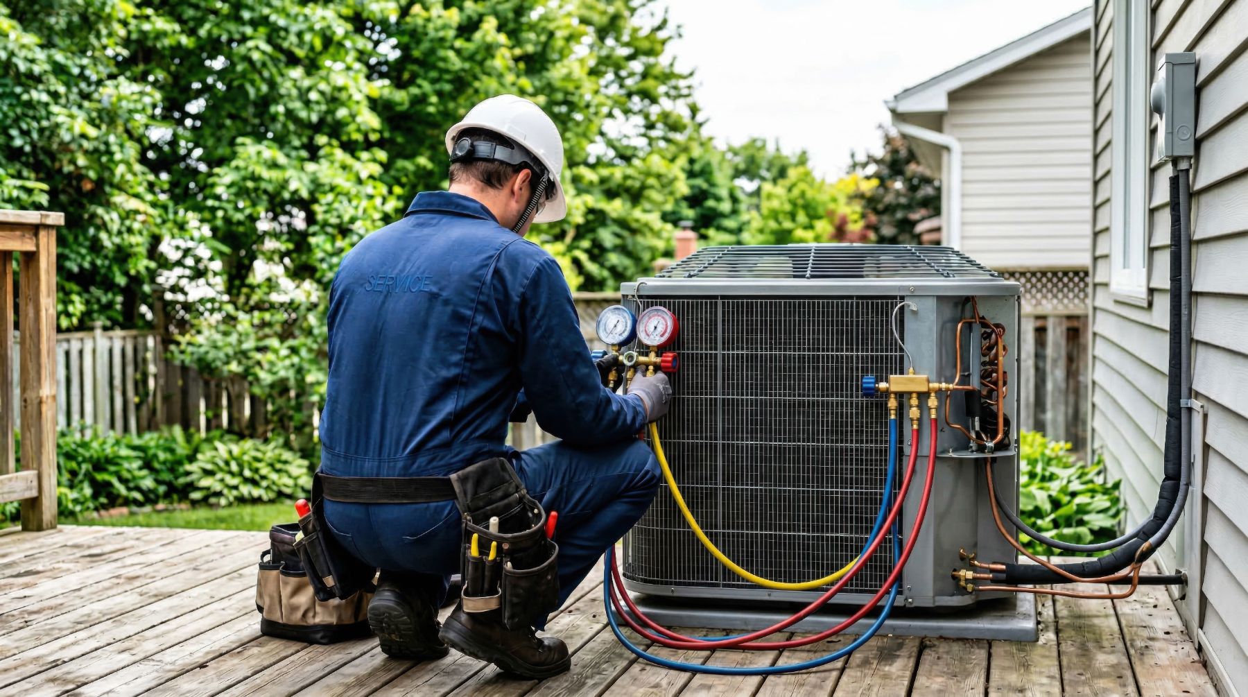 HVAC technician in white hard hat and blue uniform servicing outdoor air conditioning unit
