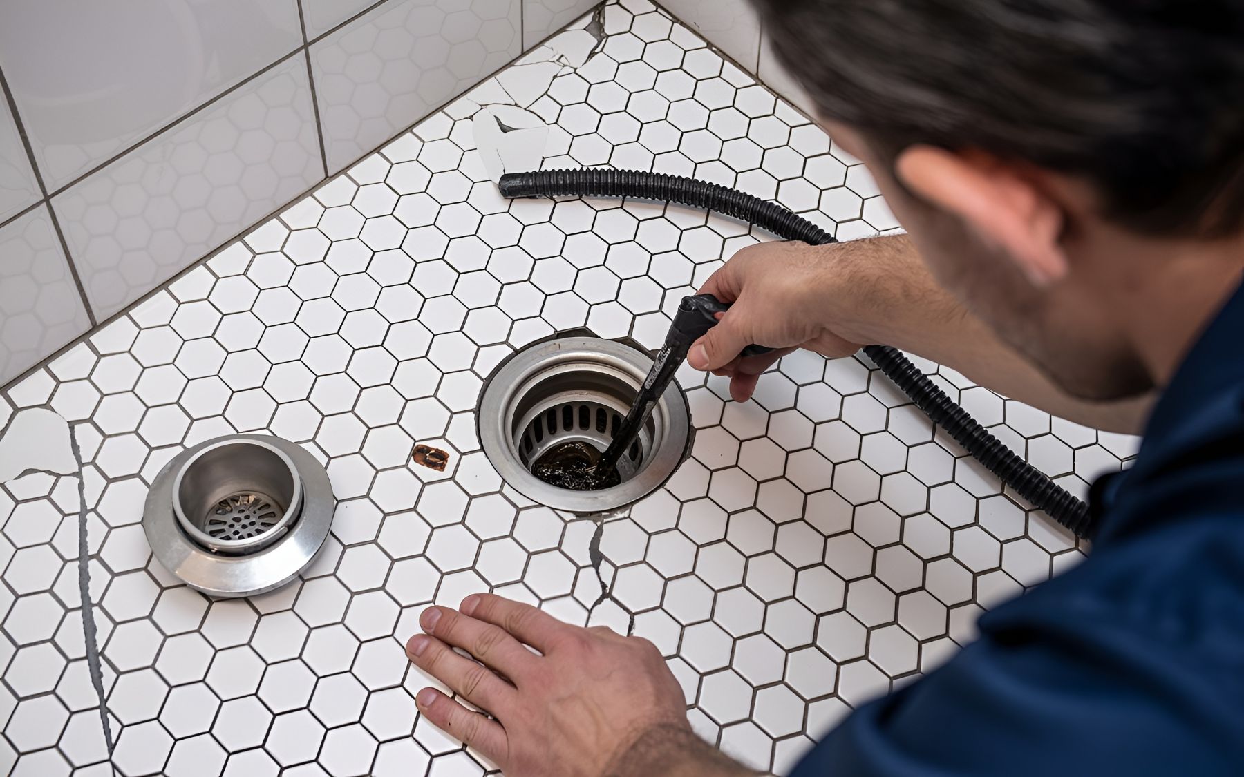 Plumber using drain snake to clean bathroom sink drain on hexagonal tile floor