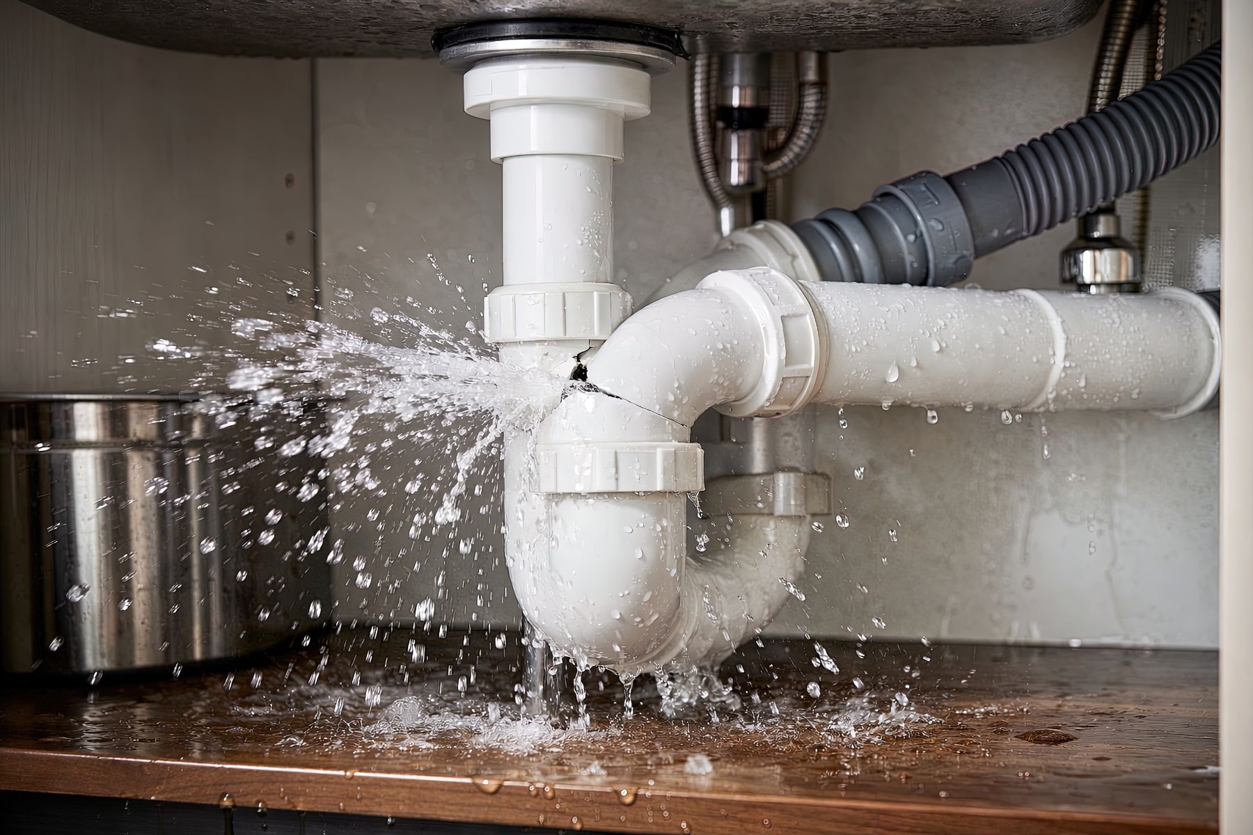Leaking under-sink pipes spraying water onto wooden cabinet floor