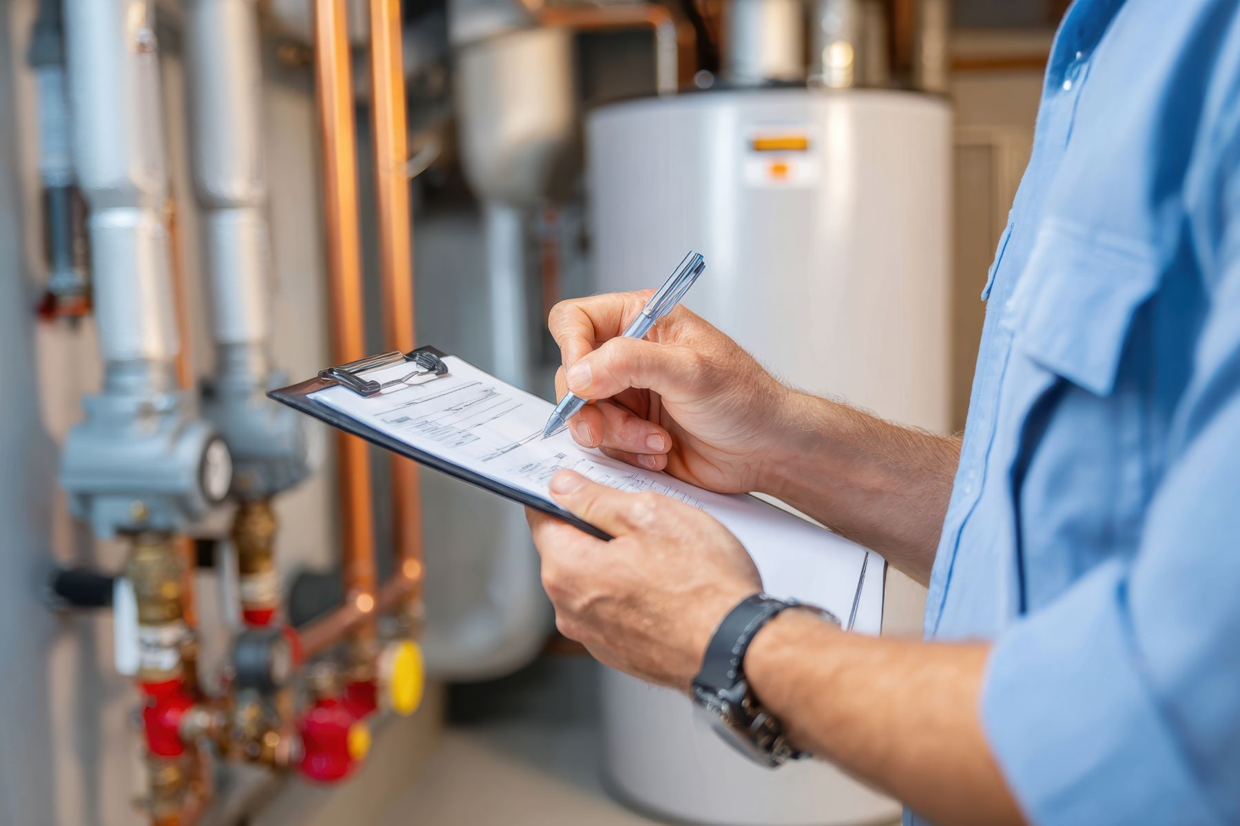 Technician in blue shirt inspecting water heater with clipboard and pen