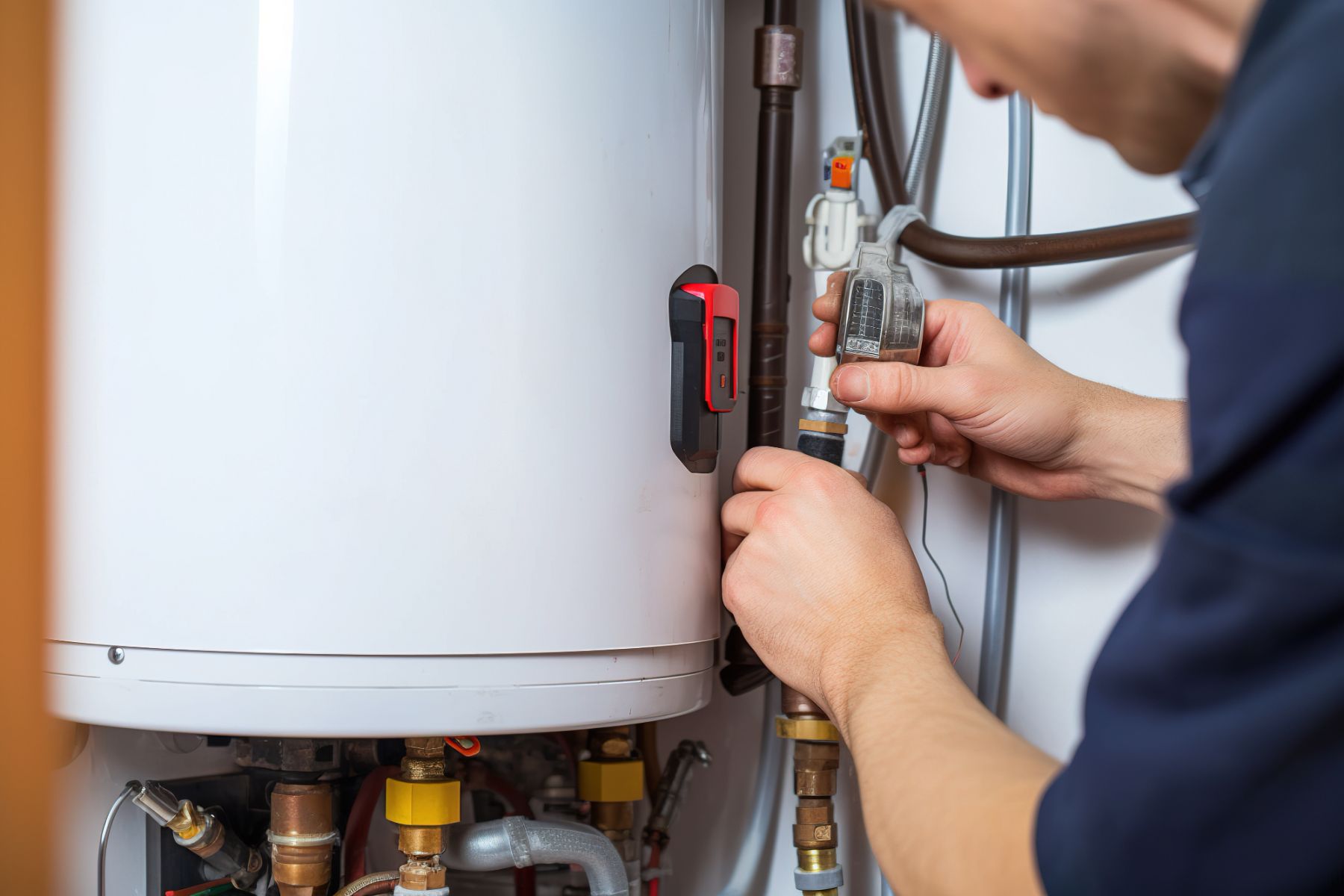 Technician inspecting water heater connections with diagnostic tool